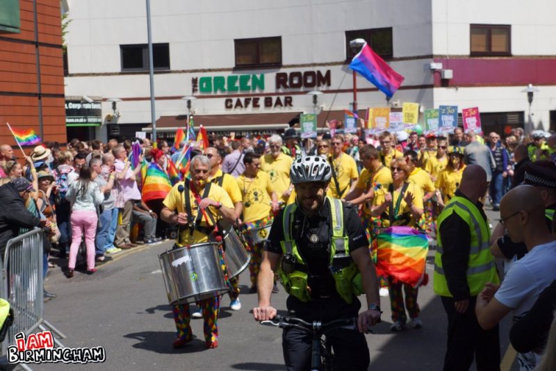 The Pride parade passes by The Green Room in Hurst Street, Birmingham city centre 
