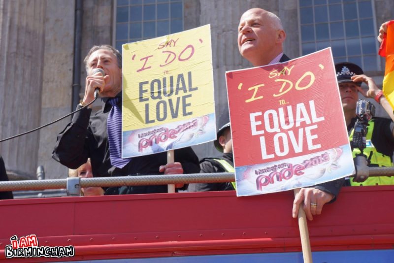 Human rights activist Peter Tatchell leads the Birmingham Pride 2013 parade alongside Michael Cashman MEP 