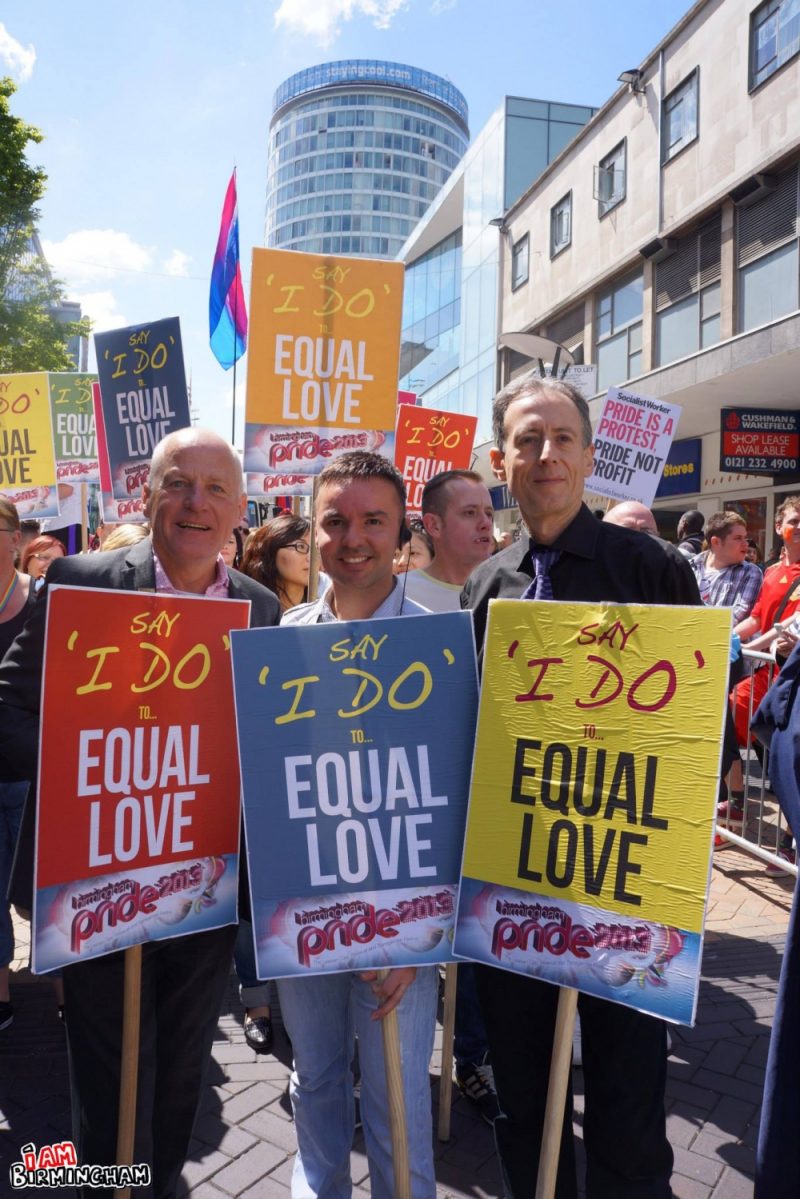 L-R: Michael Cashman MEP, Lawrence Barton, and Peteter Tatchell lead the Pride parade in Birmingham