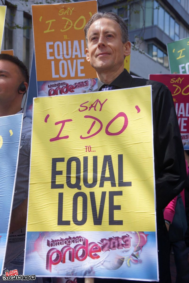 LGBT+ human rights activist Peter Tatchell with a 'Say I do to Equal Love' placard