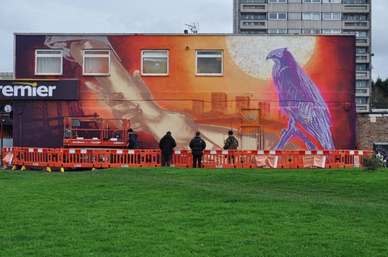 The epic scale Druids Heath mural was painted using a cherry picker