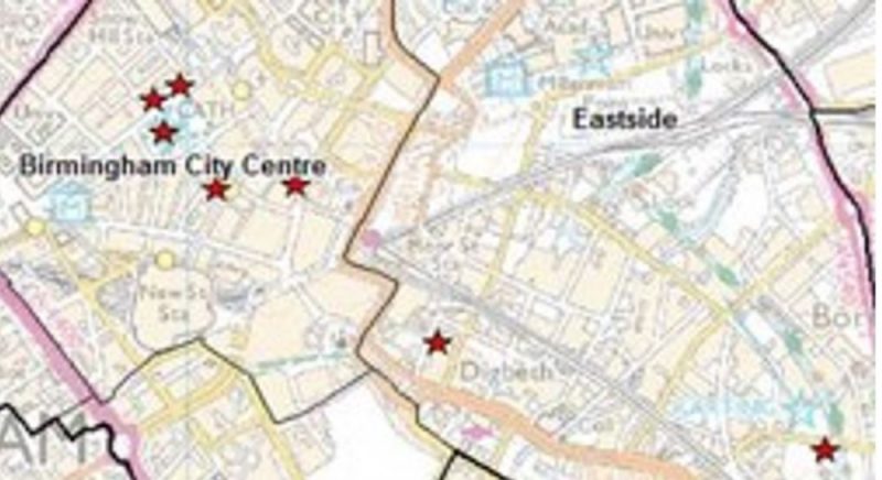 A map showing the key areas West Midlands Police are enforcing Section 60 within Birmingham city centre and Digbeth 