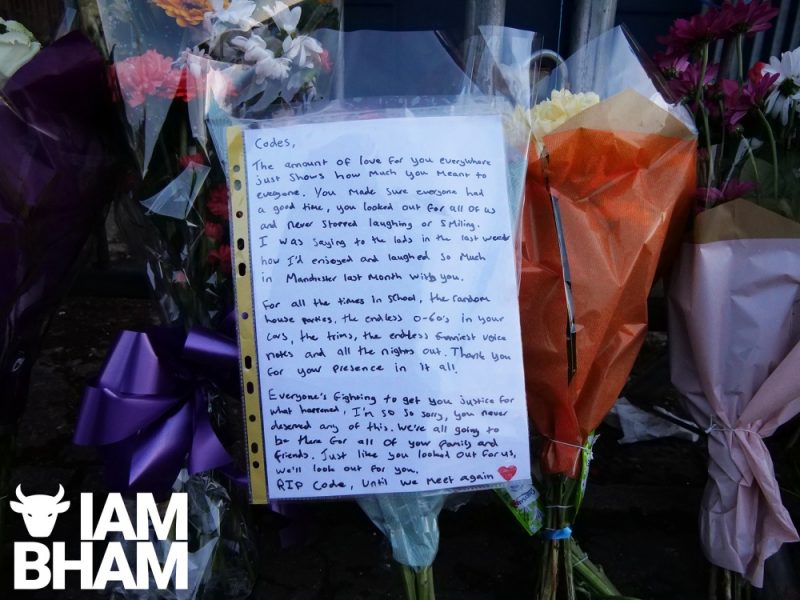 Letters and flowers have been left outside Crane nightclub in Birmingham paying tribute to Cody Fisher 