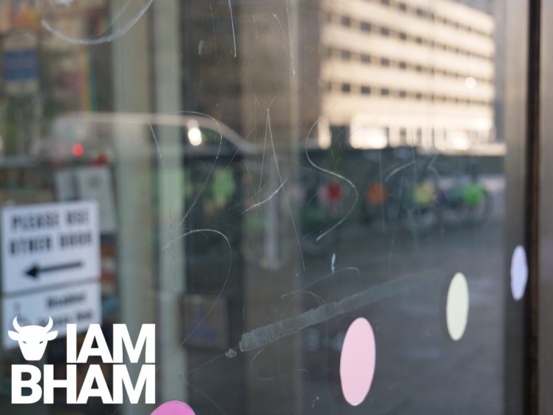 Homophobic vandalism on the entrance door to the Birmingham LGBT Centre 