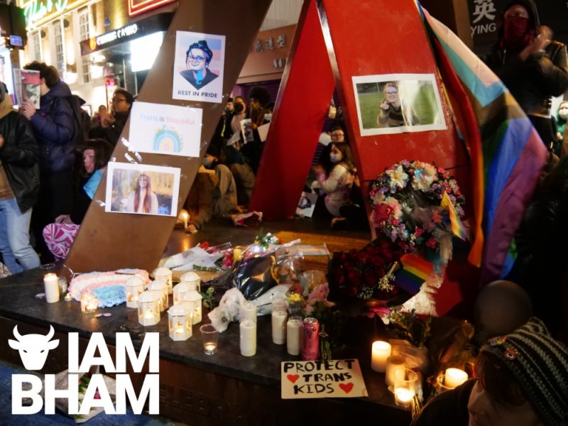 A tribute 'shrine' for Brianna Ghey with posters, flags, flowers and candles in Birmingham 