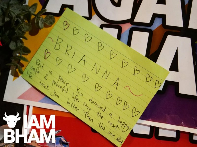 A hand-written message for Brianna Ghey left alongside flowers and candles at the Birmingham vigil 