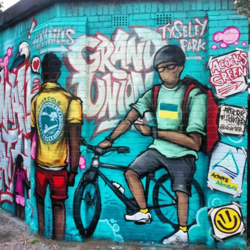 Cycling is promoted in the art, and the Grand Union Canal gets a mention