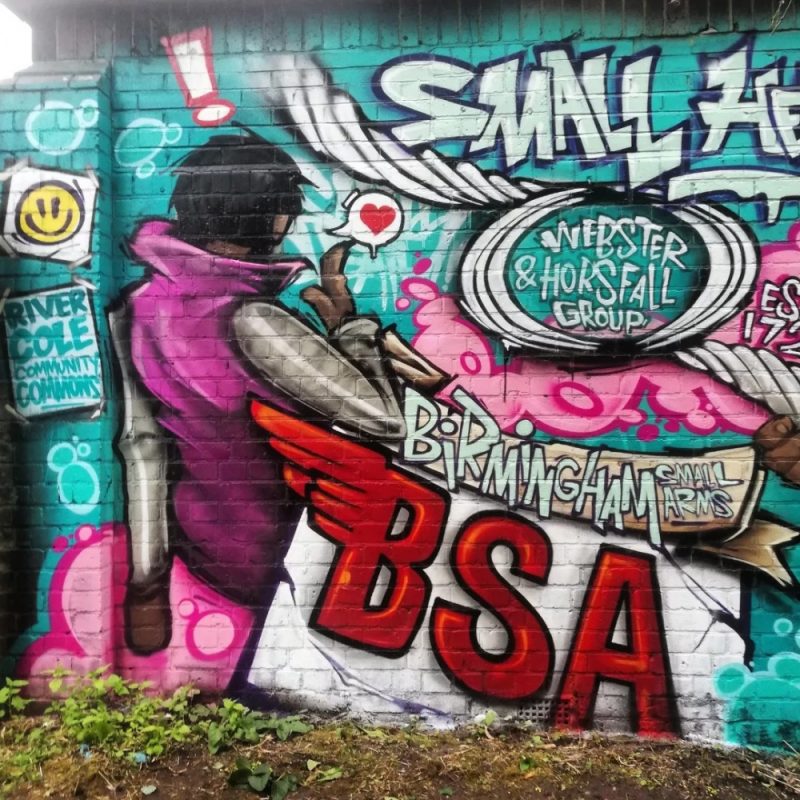 The mural references the Birmingham Small Arms ( BSA) factory in Armoury Road