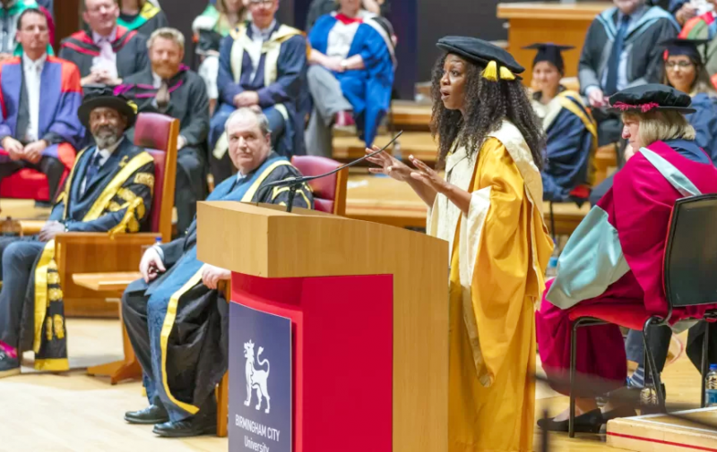 Chancellor Sir Lenny Henry watches on as Beverley Knight makes a speech at the graduation ceremony