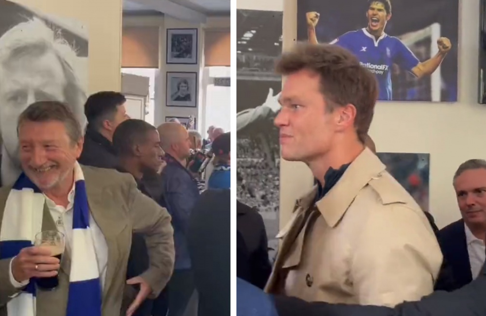 Steven Knight (left) and Tom Brady (right) mingle with Blues fans