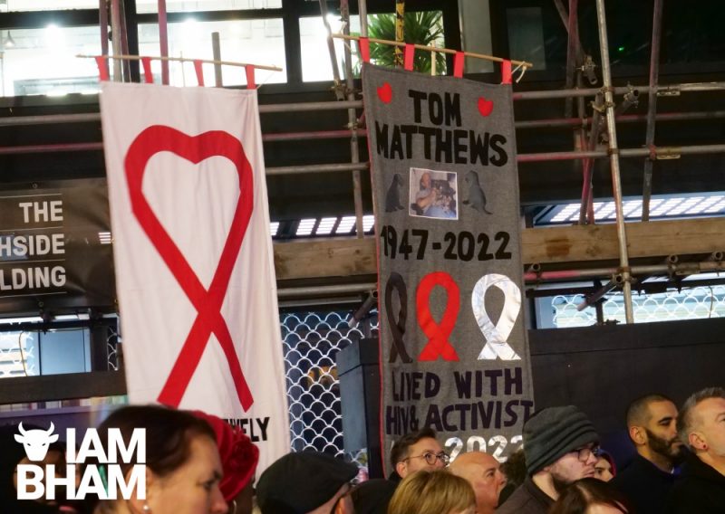 Tom Matthews memorial banner at the World Aids Day Ribbons sculpture launch in Birmingham