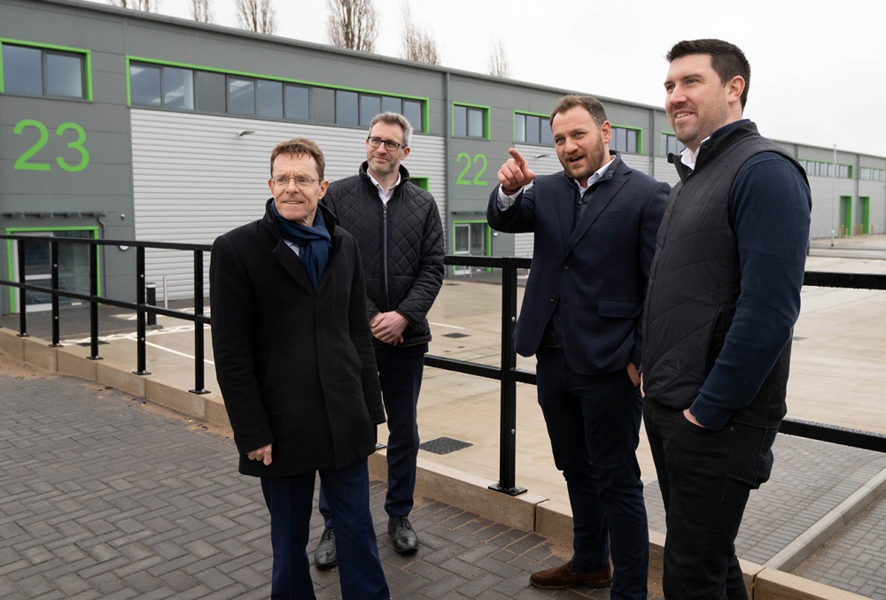 (L-R): Andy Street, Mayor of the West Midlands and Chair of the WMCA, Ed Bradburn, FDC Investment Director, Rob Watts, Development Manager at Chancerygate, and Dan Powers, Project Management Director at the newly completed Holbrook Park in Coventry