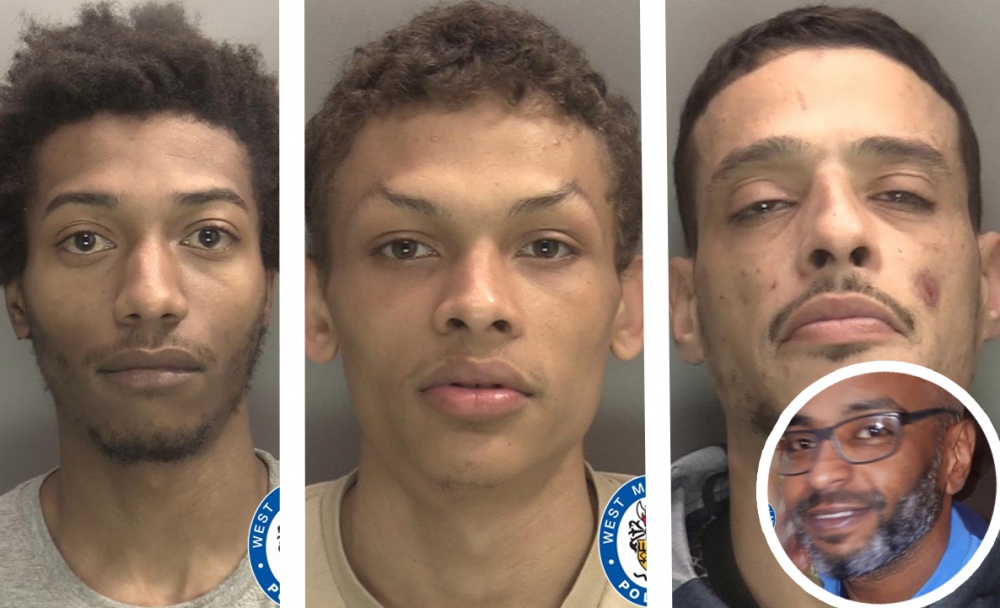 (L-R): Khalil Henriques, Cyle Crowley and Carl Dunning found guilty after fatal stabbing of Hazim Al-Bajouri (inset)