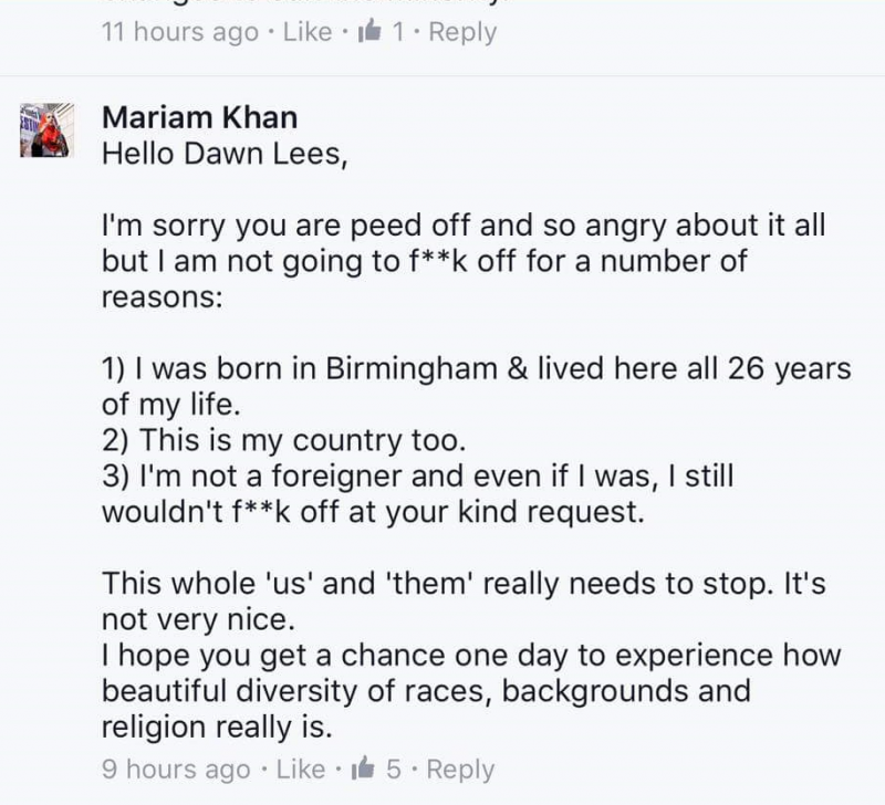 Mariam Khan responded to Dawn Rees’ racist and xenophobic post in a calm manner